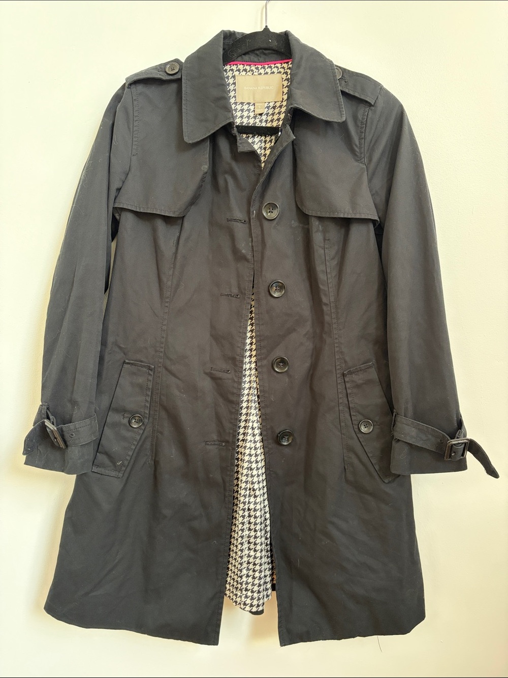Banana Republic Black Trench Coat with Houndstooth Lining
